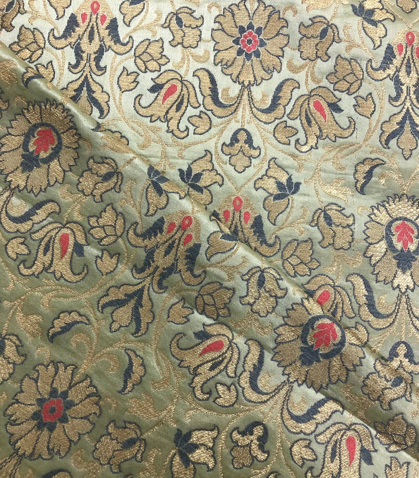 Indian Banarasi Brocade Fabric in Sage Green and gold color, Multiple lengths will come in the continuous Piece - NF777