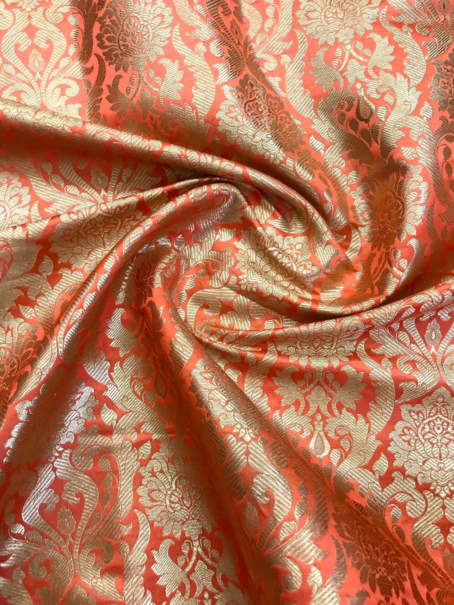 Indian Banarasi Brocade Fabric in Orange Coral and Gold color, Multiple lengths will come in the continuous Piece - NF666