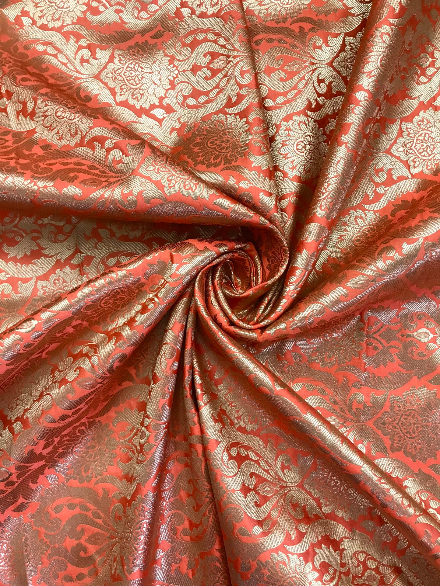 Indian Banarasi Brocade Fabric in Orange Coral and Gold color, Multiple lengths will come in the continuous Piece - NF666