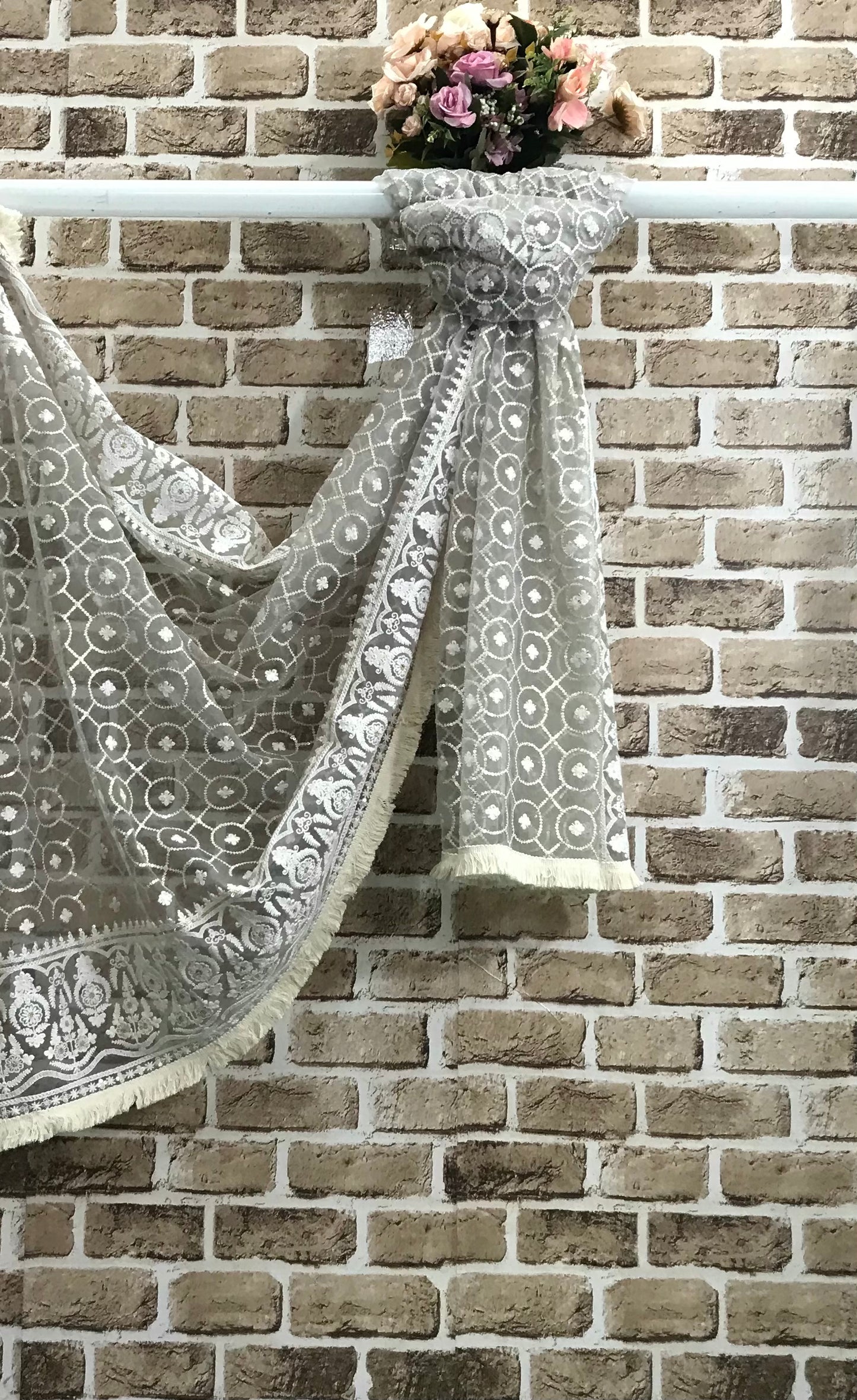 Soft Gray Embroidered Net dupatta with Chikankari Embroidery, Tulle Fabric, Stole, Shawl, Scarf for women, Bridal Veil  DP2001