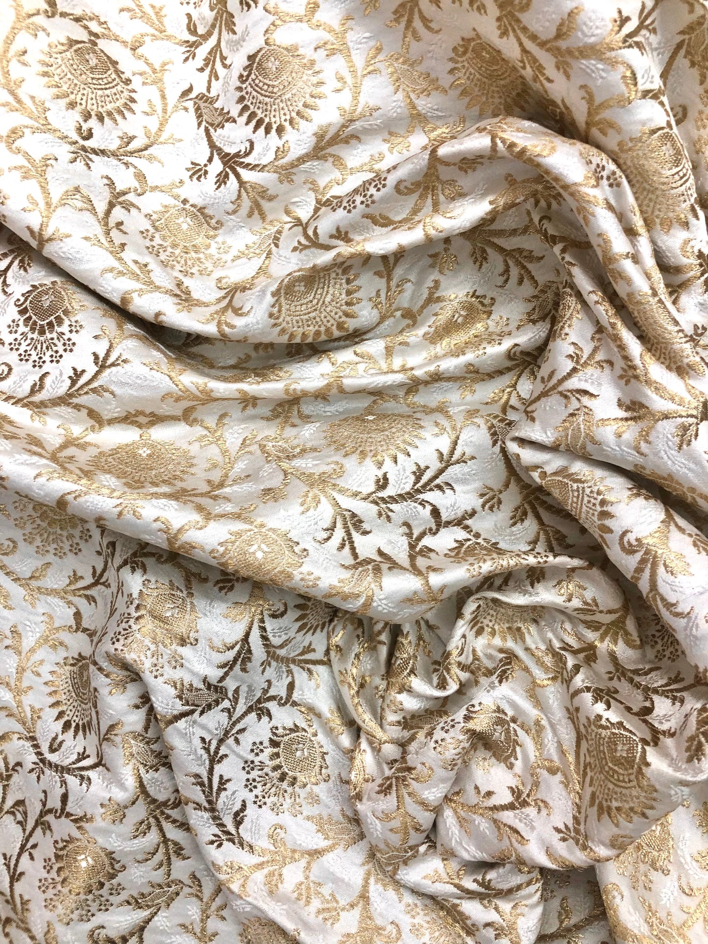 Indian Banarasi Brocade fabric in Off White And Gold color, Multiple lengths will come in a continuous piece - NF799