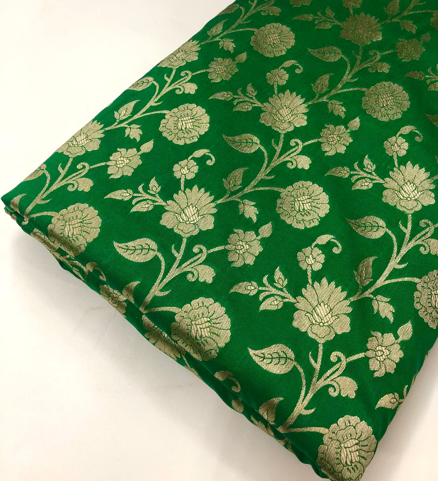 Indian Banarasi Brocade Fabric in Green and Gold color, Multiple lengths will come in the continuous Piece - NF789