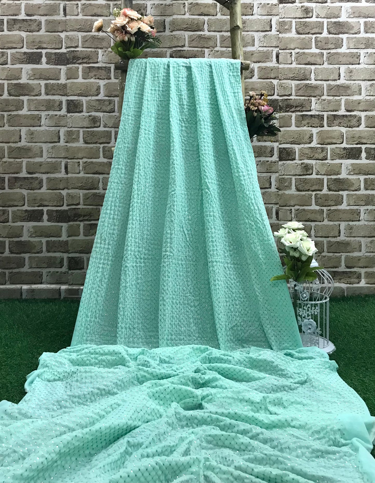 Mint Green and Gold Embroidered Stretch Velvet Fabric, Wedding Dress Fabric, Multiple lengths will come in the continuous piece - VLTF906