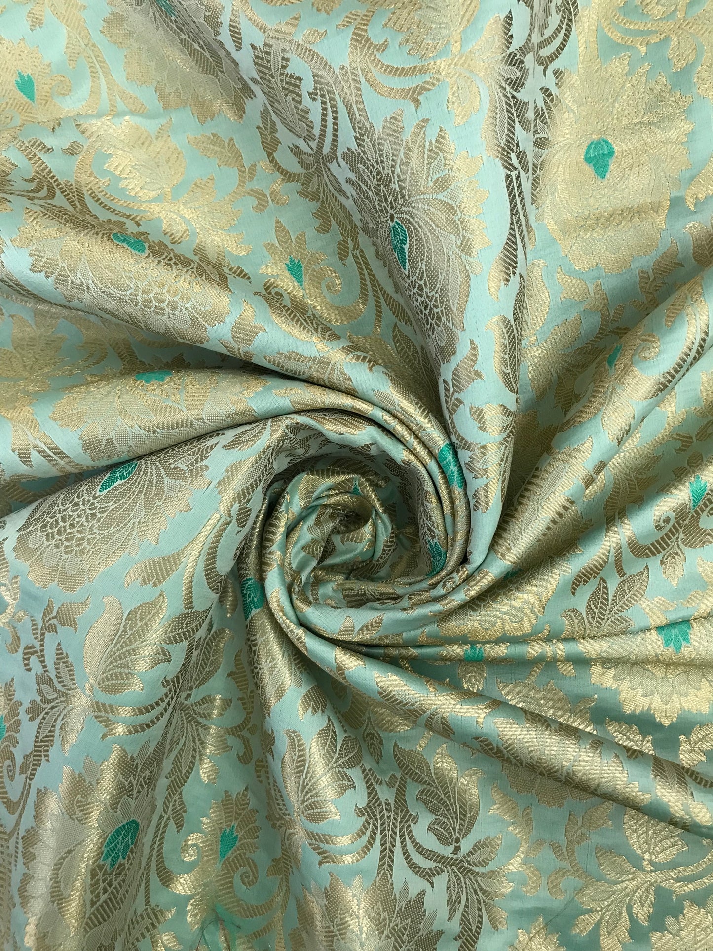 Indian Banarasi Brocade fabric in sea Green and Gold color, Multiple lengths will come in the continuous piece - NF893