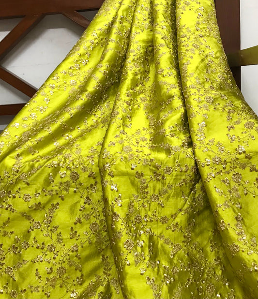 Indian Embroidered Fabric in Green and Gold color, Multiple lengths will come in the continuous piece - NF724