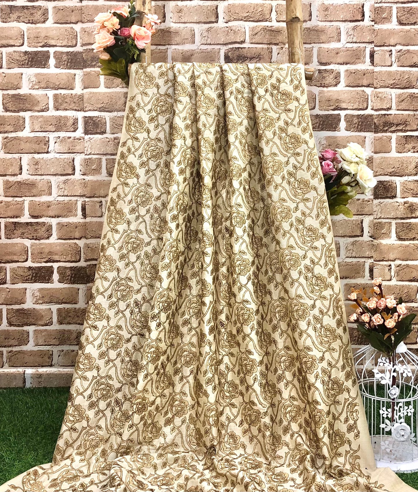 indian Embroidered Fabric in Beige color, Multiple lengths will come in the continuous piece - NF825