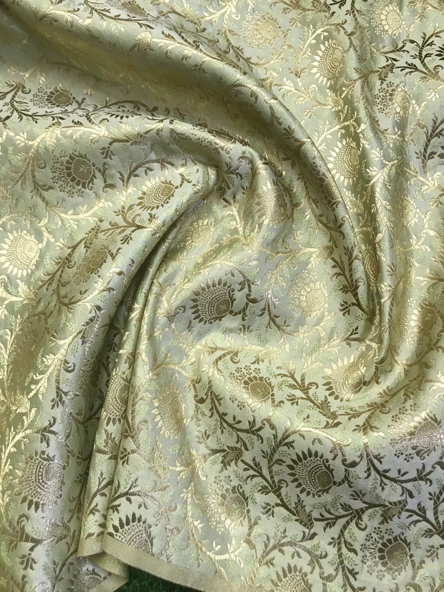 Indian Banarasi Brocade fabric in Sage Green and Gold color, Multiple lengths will come in the continuous Piece - NF1095