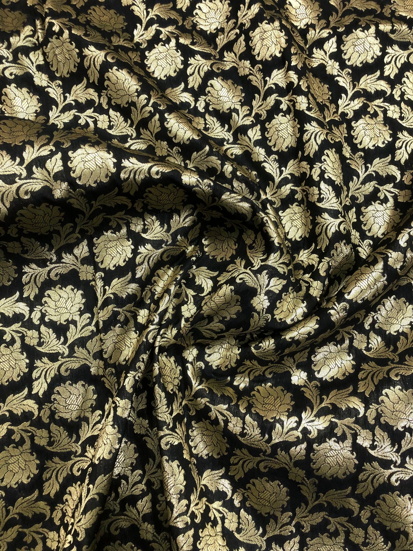 Indian Banarasi Brocade Fabric in Black and Gold Color, Multiple Length will come in a continuous Piece - NF184