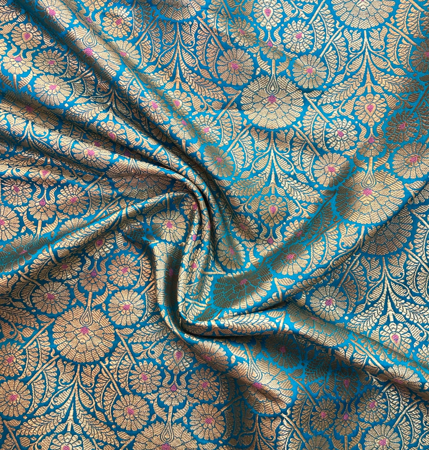 Indian Banarasi Brocade Fabric, Blue Gold Jacquard fabric, Floral brocade, Rayon silk brocade, Fabric by the yard/meter - NFAF1091