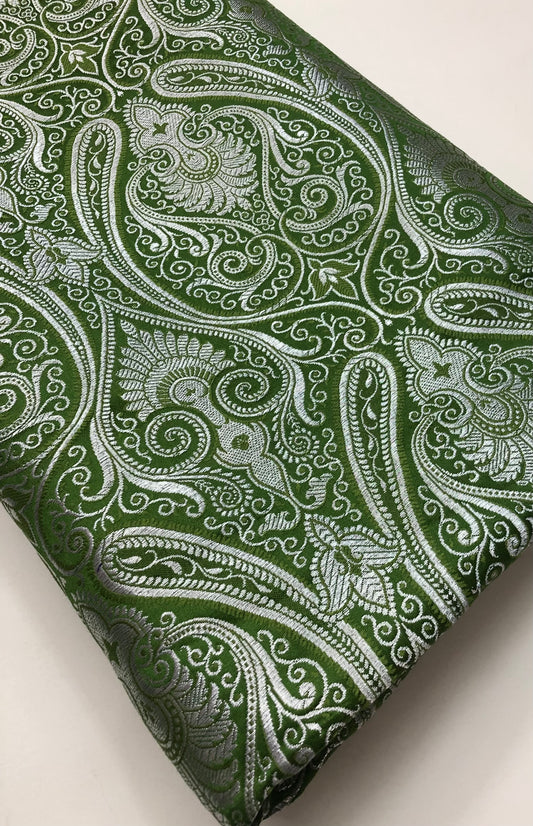 Banarasi Brocade Fabric, Green Silver Designer fabric, Wedding inspiration, Home décor fabric, Paisley brocade, Historical fabric - NFAF494