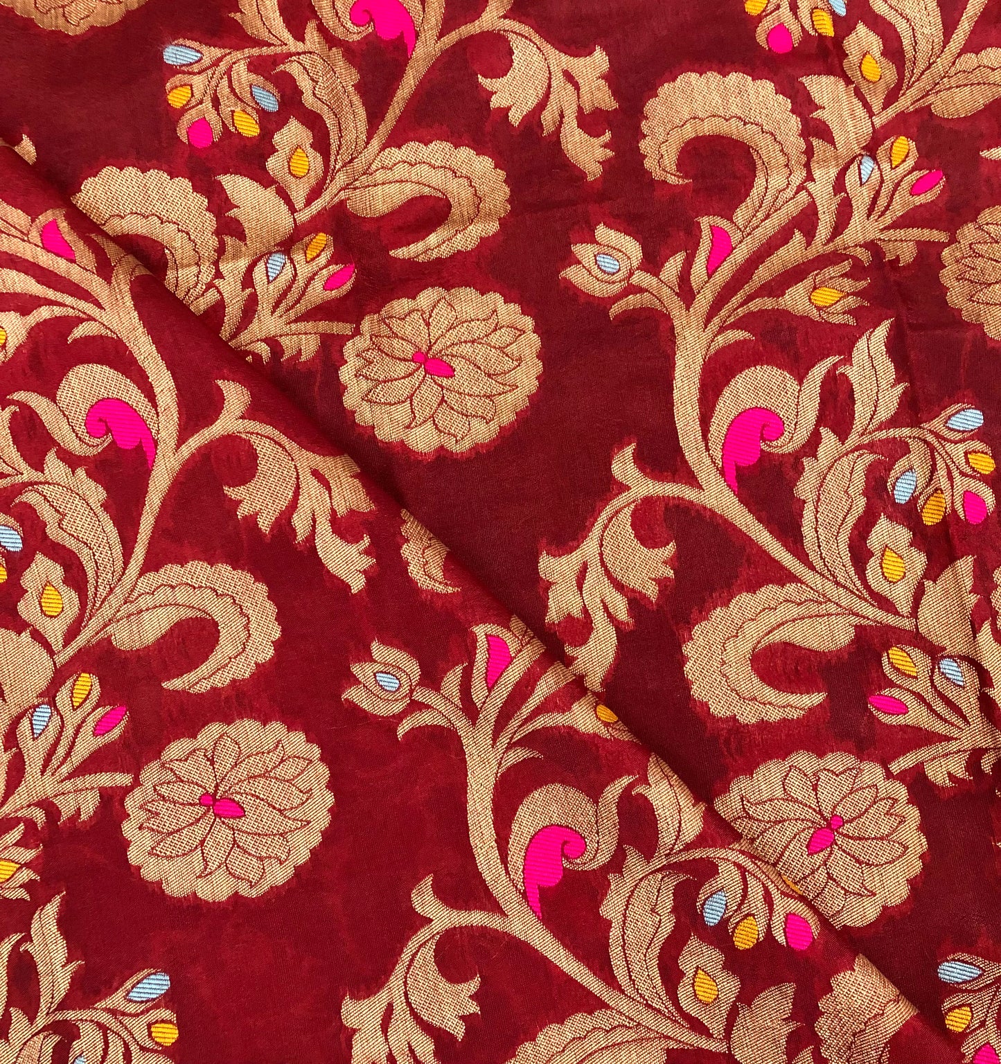 Banarasi brocade fabric, Maroon Gold Rayon silk brocade fabric, Home décor fabric, Floral brocade, Metallic brocade, Jacquard fabric - NFAF411