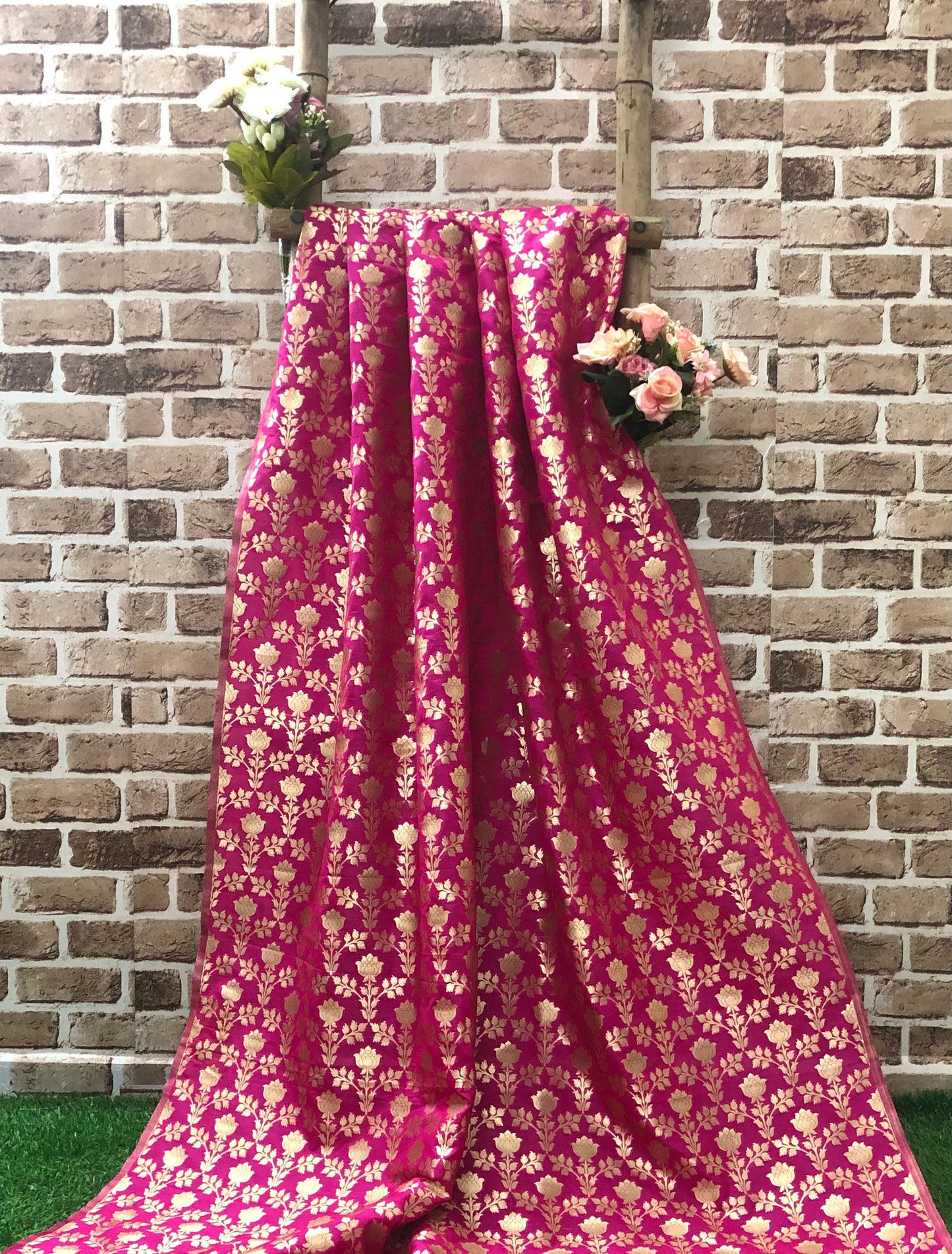 Indian Banarasi Brocade fabric in Pink and Gold color,  Multiple lengths will come in the continuous piece - NF459