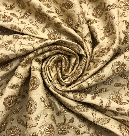 Indian Embroidered Viscose Silk Fabric in Beige color, Multiple lengths will come in the continuous piece - NF843