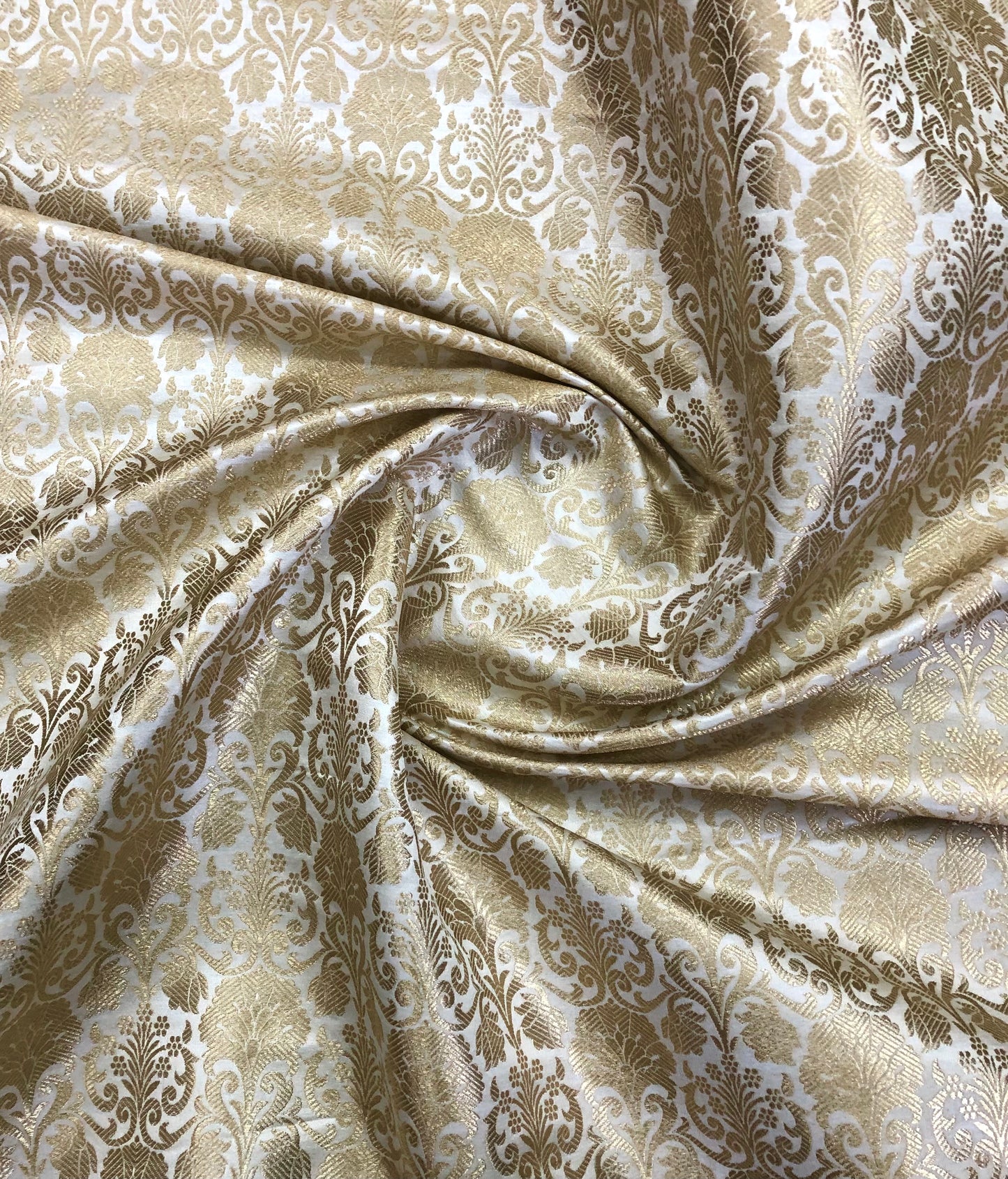 Indian Banarasi Brocade fabric in White and Gold color,  Multiple lengths will come in a continuous piece - NF568