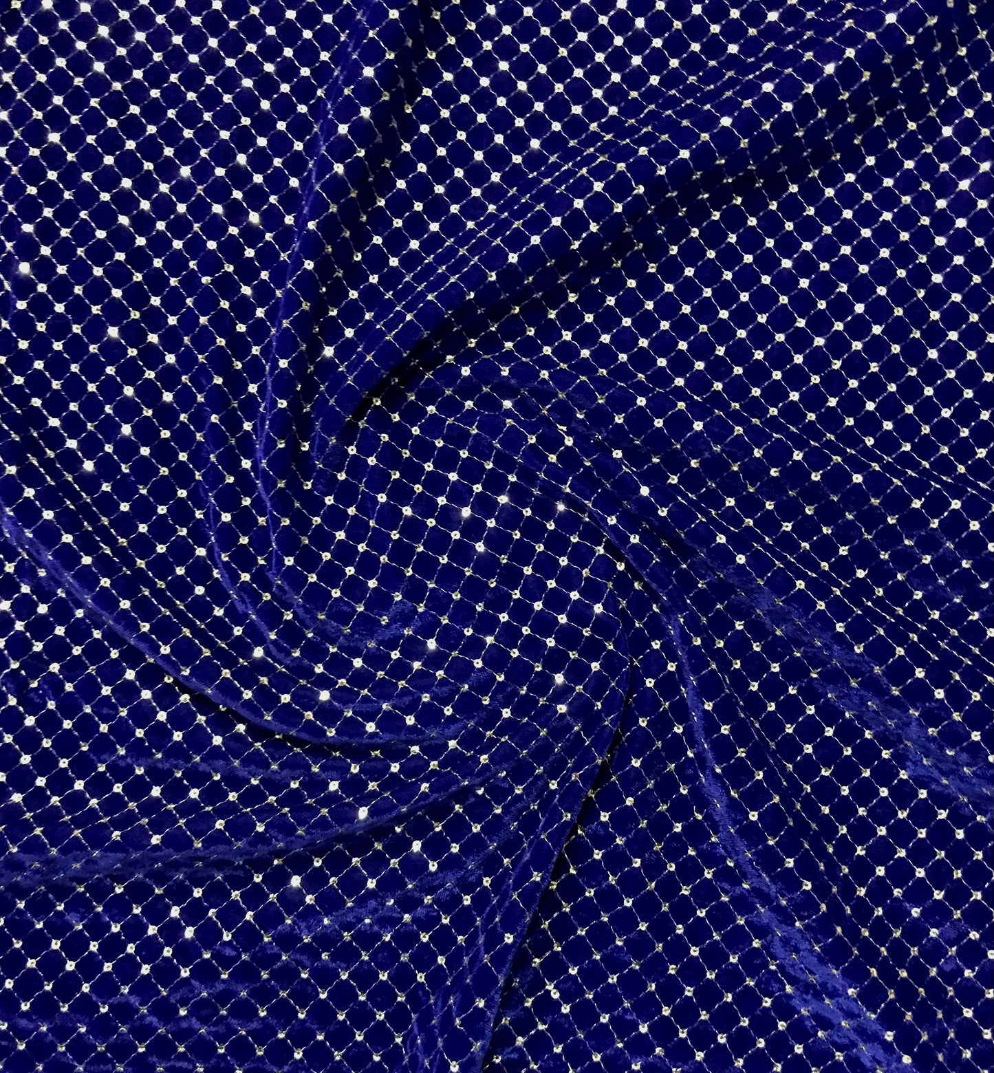 Royal Blue and Gold Embroidered Stretch Velvet Fabric, Wedding Dress Fabric, Multiple lengths will come in the continuous piece - VLTF20