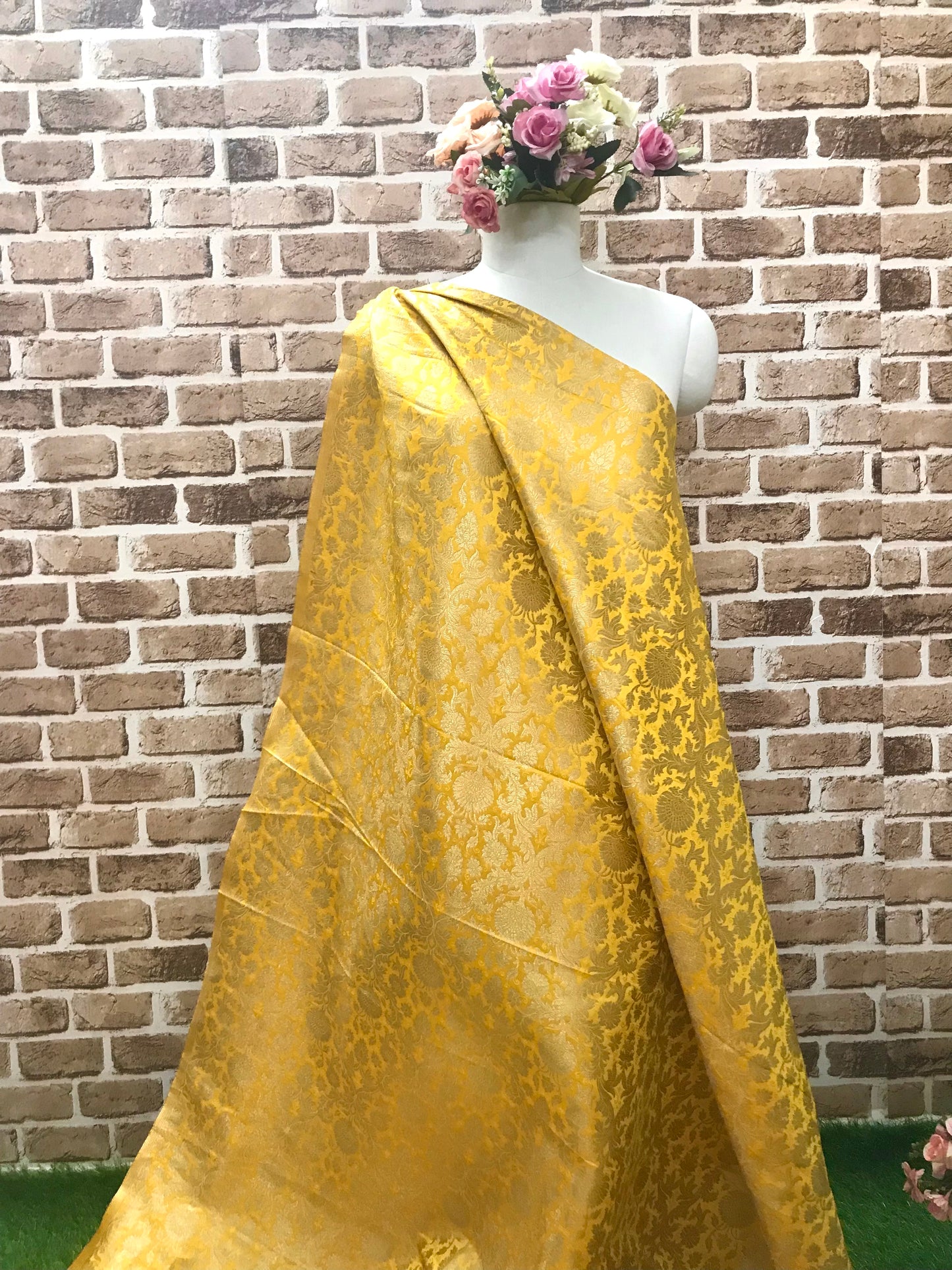 Indian Banarasi Brocade fabric in Yellow and Gold color, Multiple lengths will come in the continuous piece - NF340