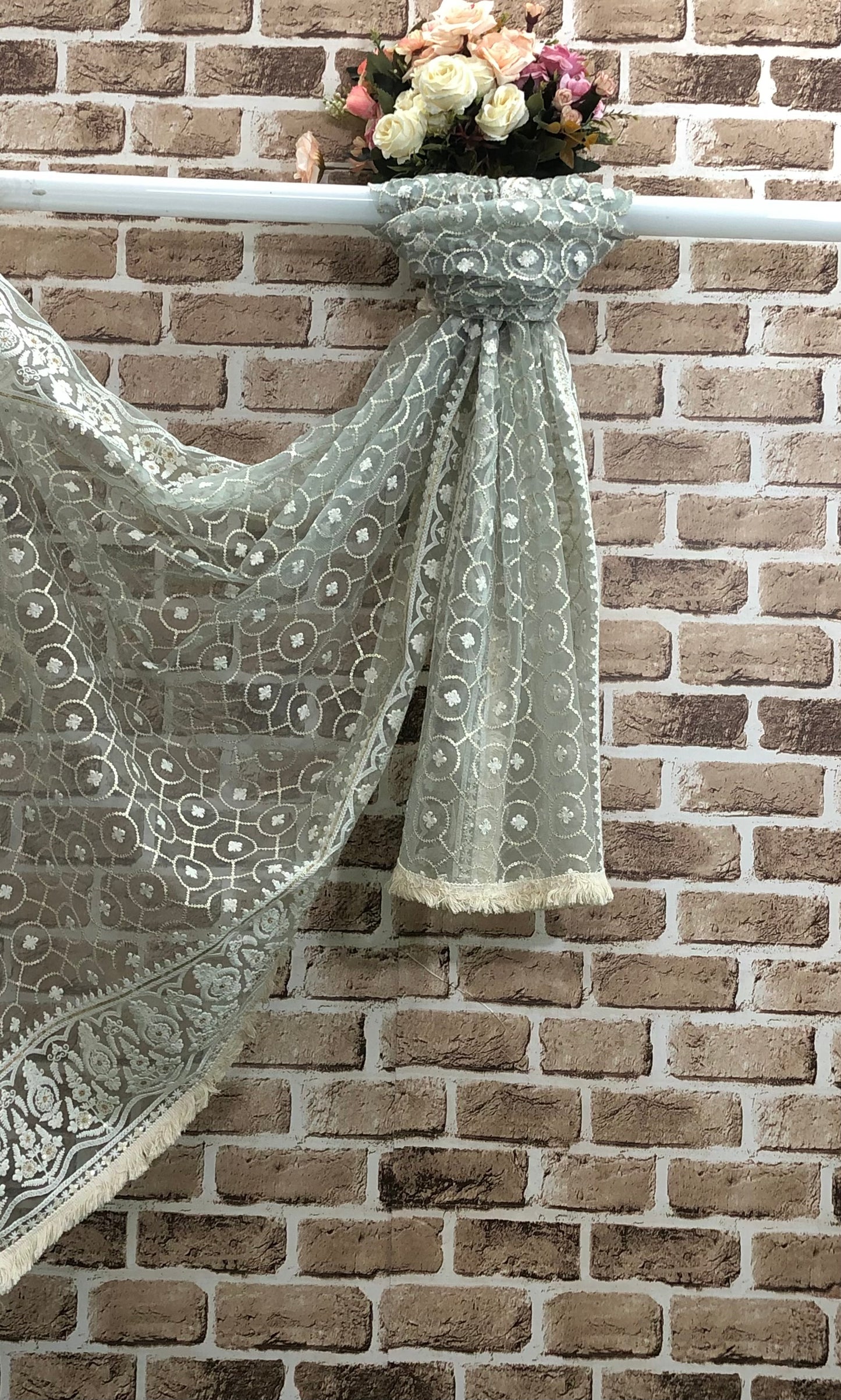 Ice Blue Embroidered Net dupatta with Chikankari Embroidery, Tulle Fabric, Stole, Shawl, Scarf for women, Bridal Veil DP1048