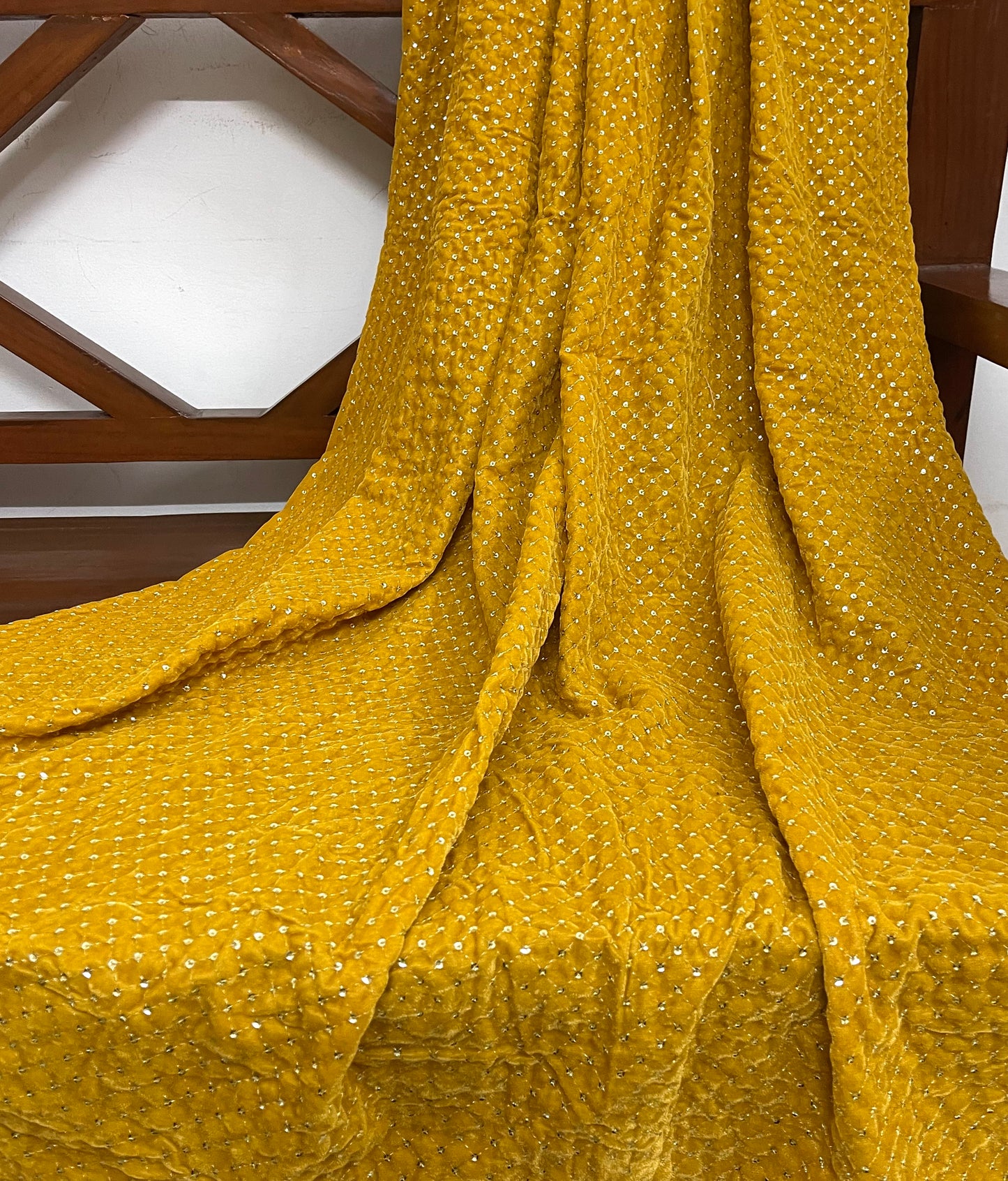 Embroidered velvet Stretch Fabric in Mustard and Gold , Multiple lengths will come in the continuous piece - VLTF21