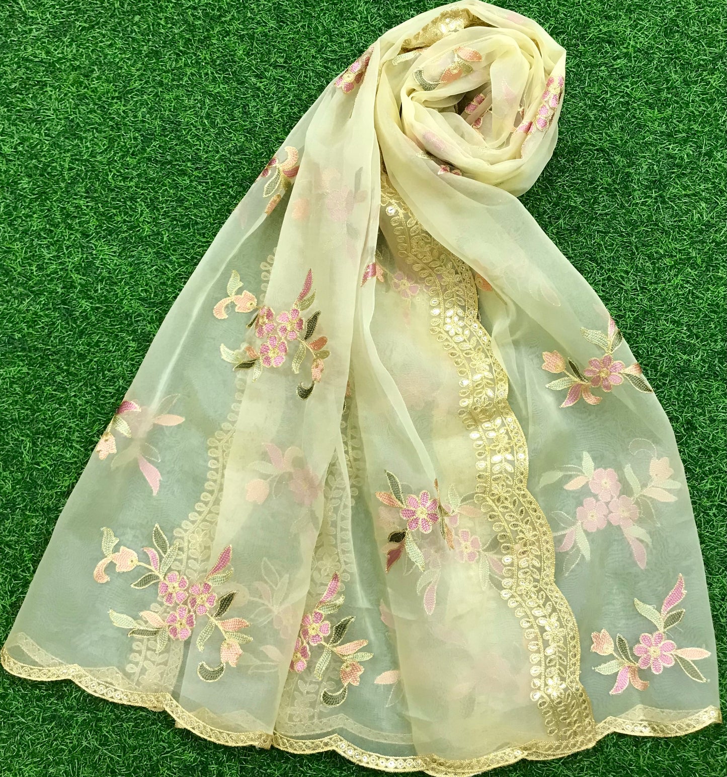 Lemon Cream Embroidered Organza Dupatta for Women, Stole, Scarf, Shawl, Abaya, Chunari, Occasion Wear, Veil, Indian Fashion, Chunni,DP2007