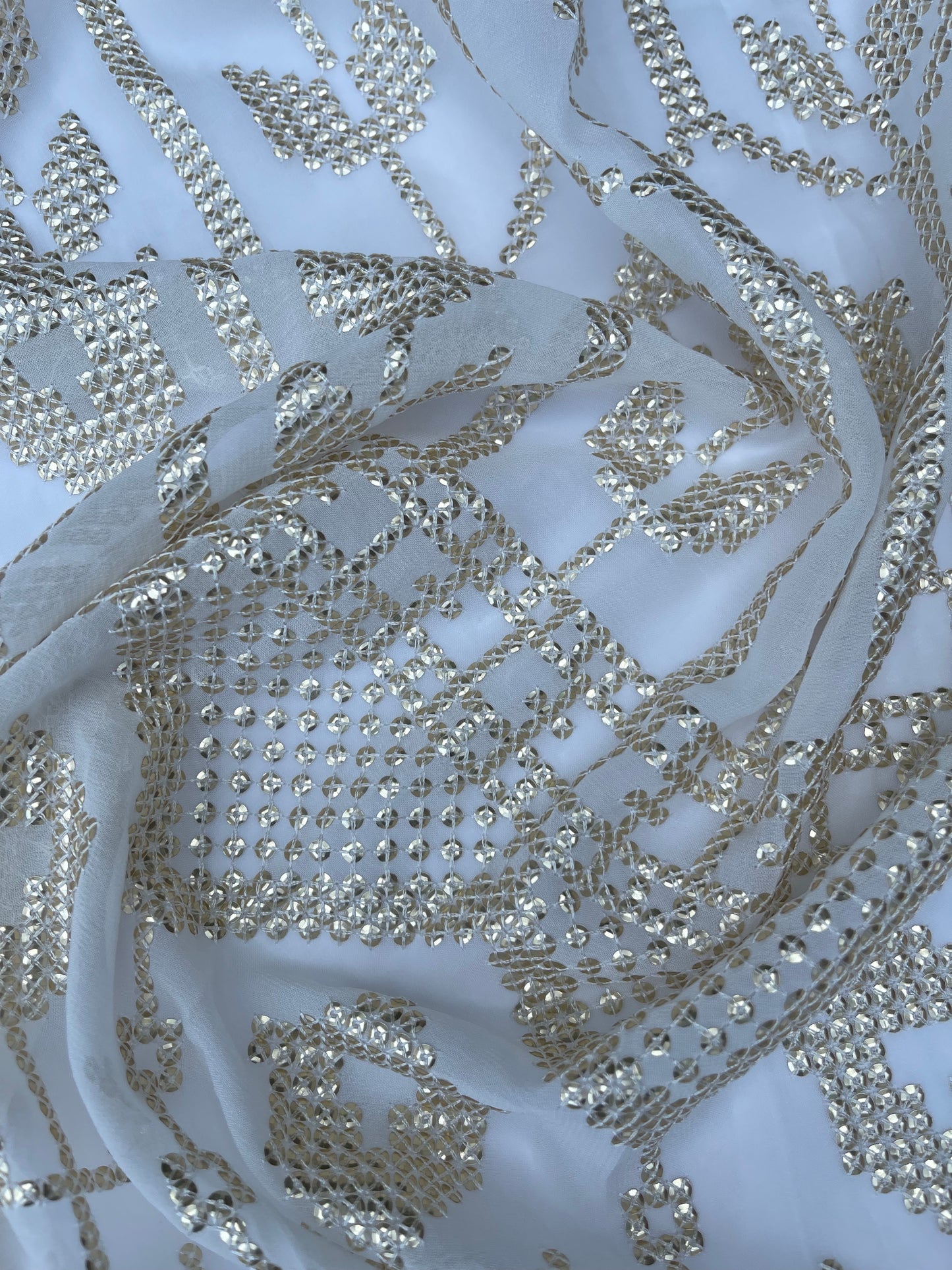 Indian Embroidered CHIFFON Fabric in Off-White color, Multiple lengths will come in the continuous piece - NF945