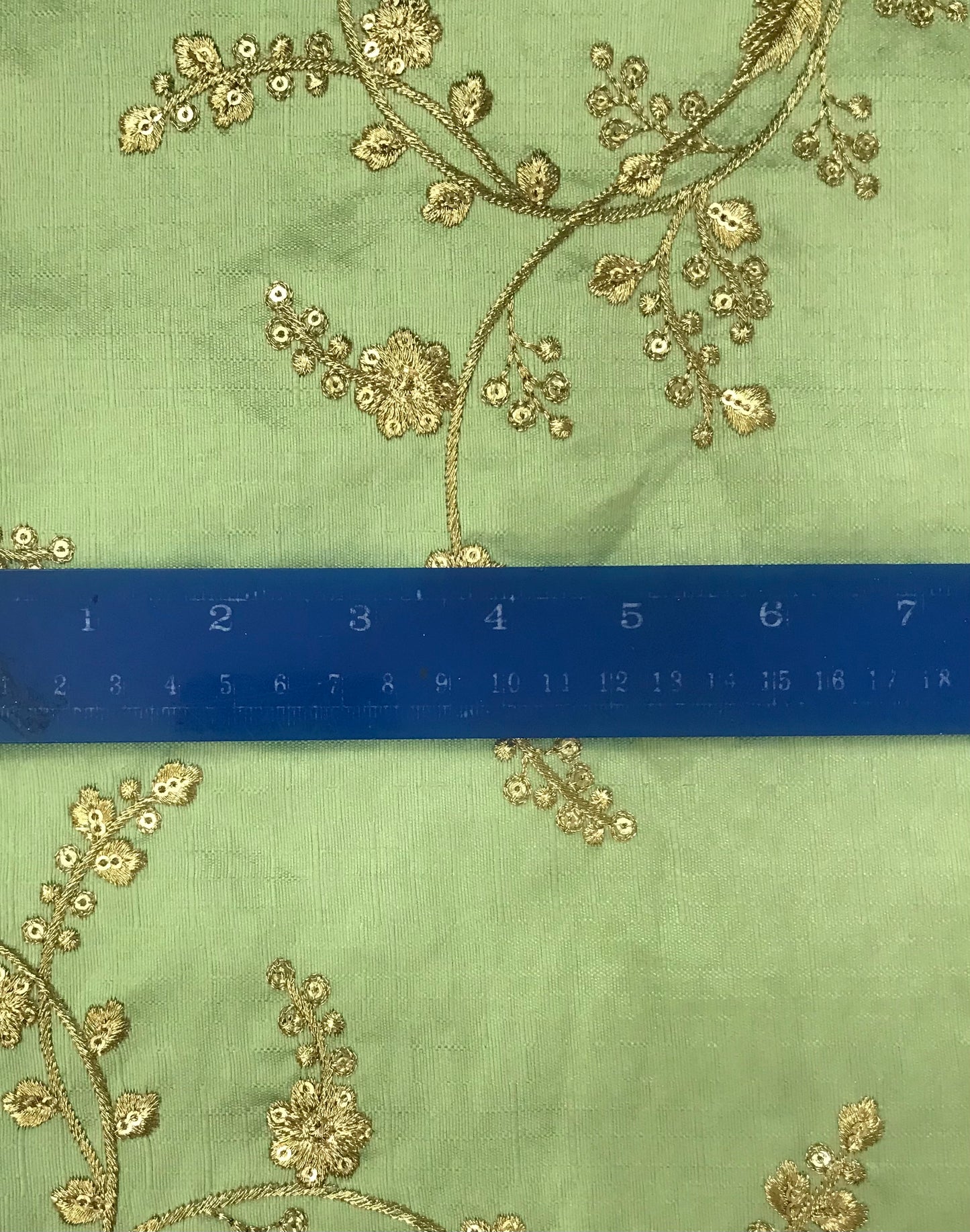 Indian Embroidered Fabric in Green and Gold Color,  Multiple lengths will come in a continuous piece - NF472