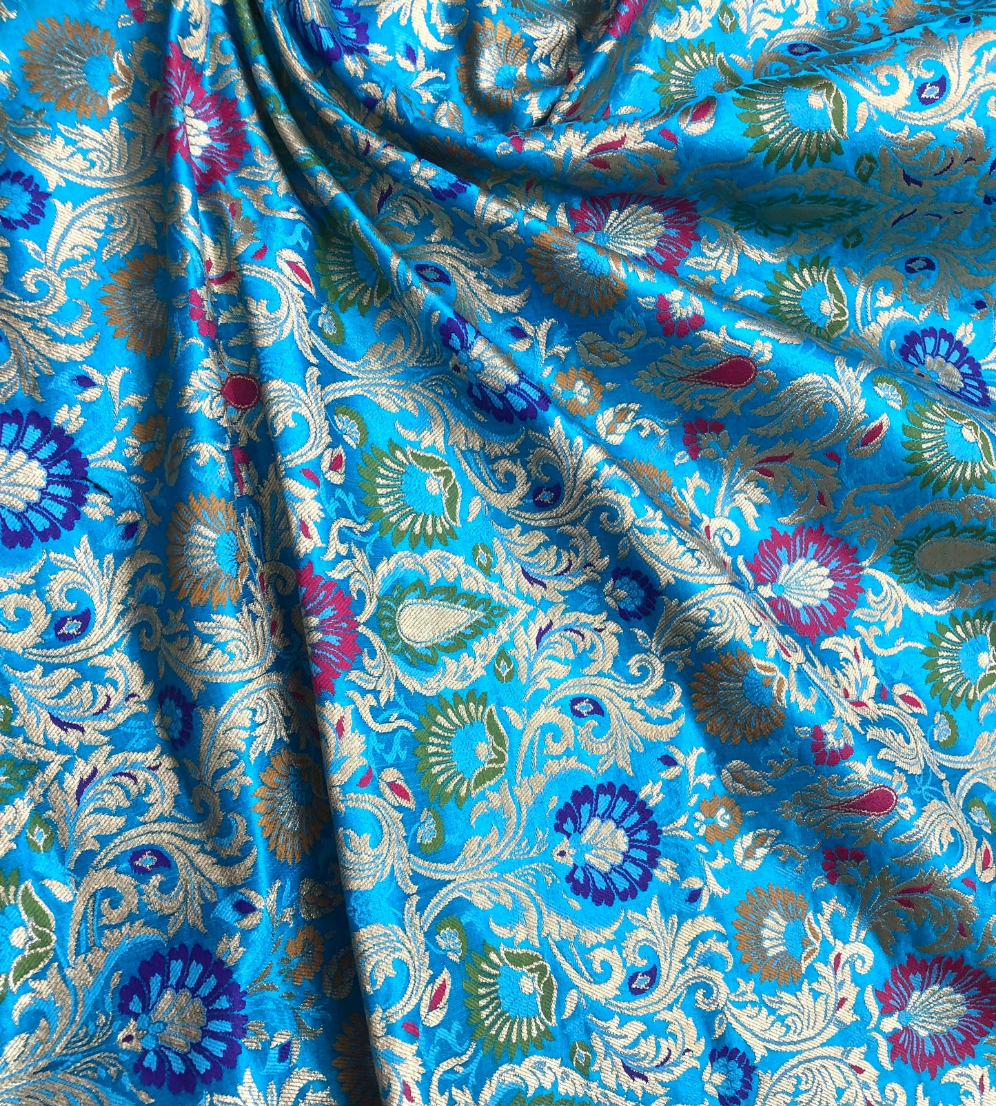 Indian Banarasi Brocade fabric in Blue and Gold color, Multiple lengths will come in the continuous piece - NF613