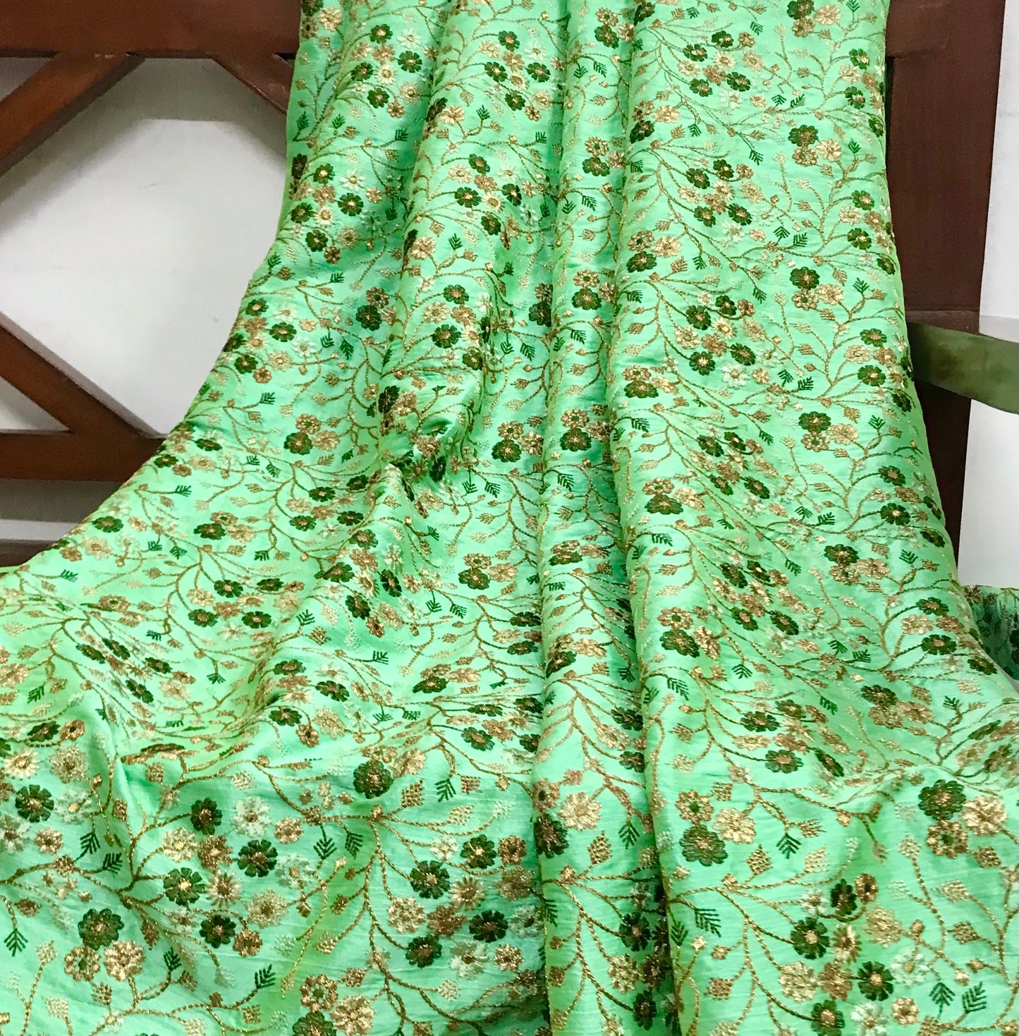 Indian Embroidered Fabric in Green & Gold, Multiple lengths will come in the continuous piece - NF824