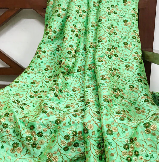 Green and gold embroidered fabric, Wedding dress, Vintage fabric, Bridesmaid dress, Thread embroidery, Fashion fabric, Handmade - NFAF824