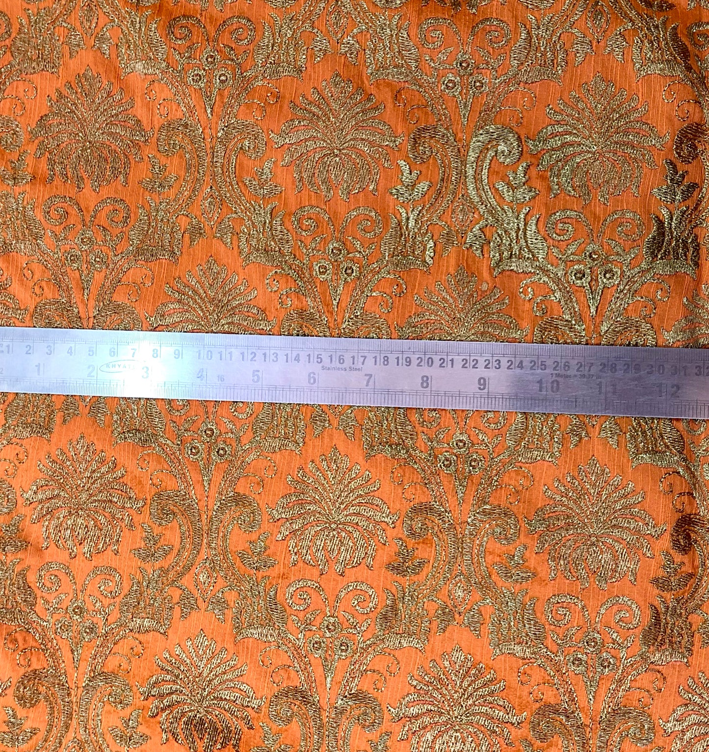 Orange embroidered fabric, Handmade, Indian fabric, Thread embroidery, Wedding dress, Bridesmaid dress, Medieval fabric, Gold flower - NFAF842