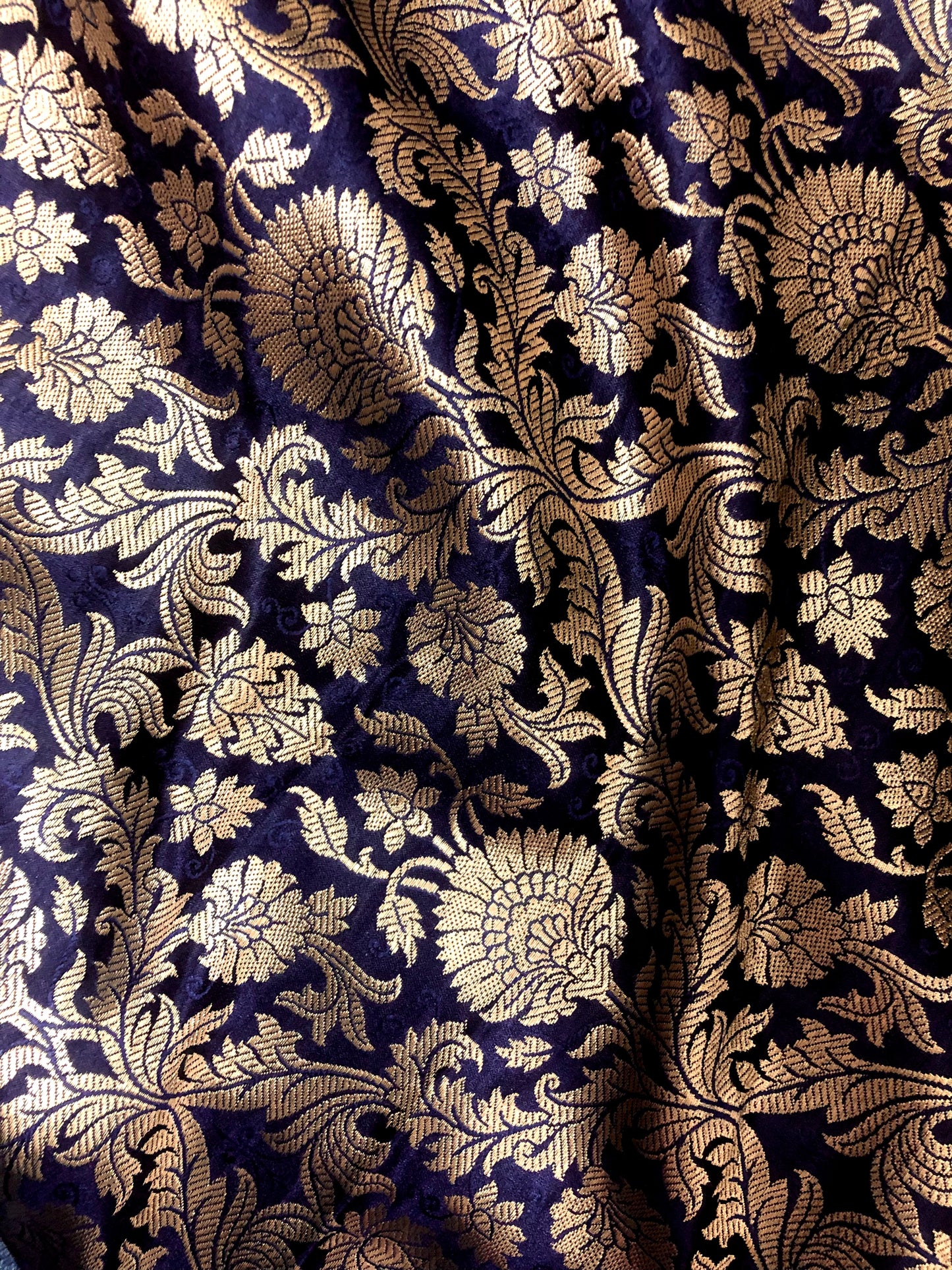 Indian Banarasi Brocade Fabric in Navy Blue and Gold color, Multiple Length will come in a continuous piece - NF443