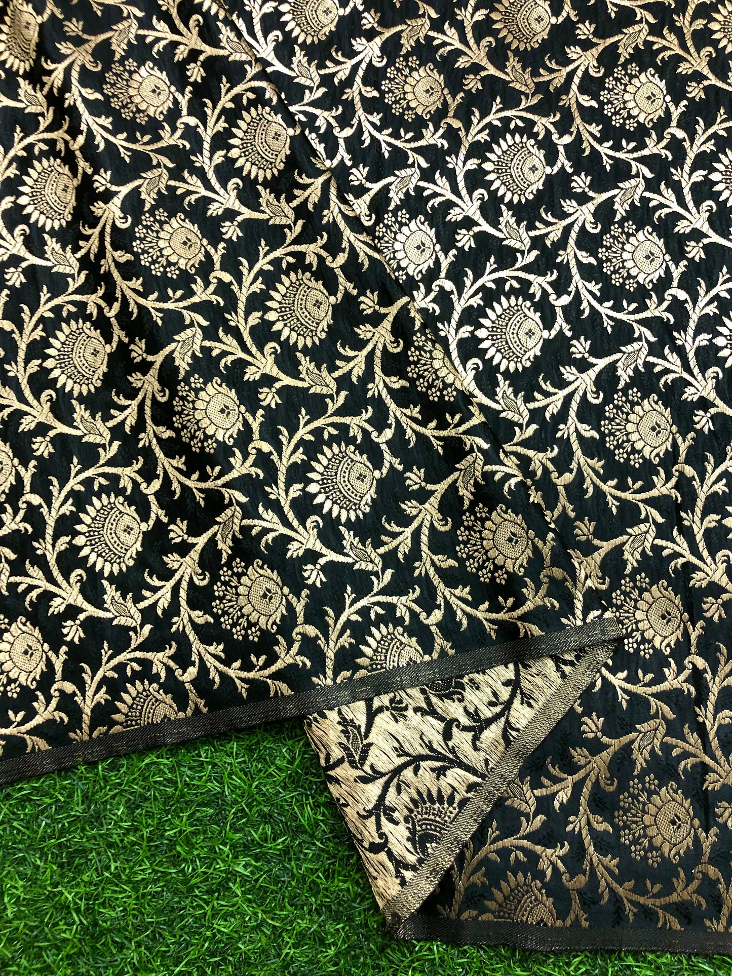 Indian Banarasi Brocade fabric in Black and Gold color, Multiple lengths will come in the continuous piece - NF631