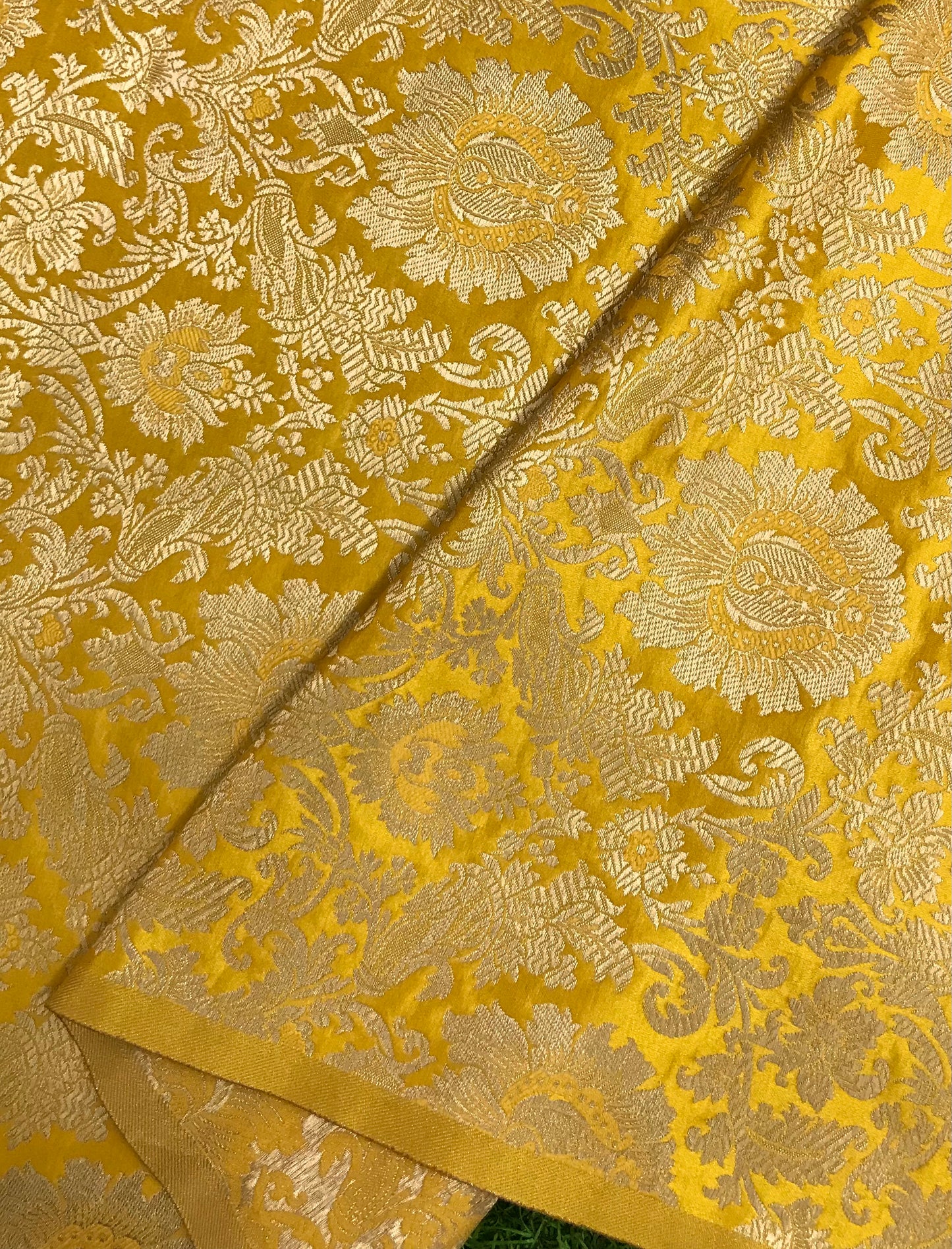 Indian Banarasi Brocade fabric in Yellow and Gold color, Multiple lengths will come in the continuous piece - NF409