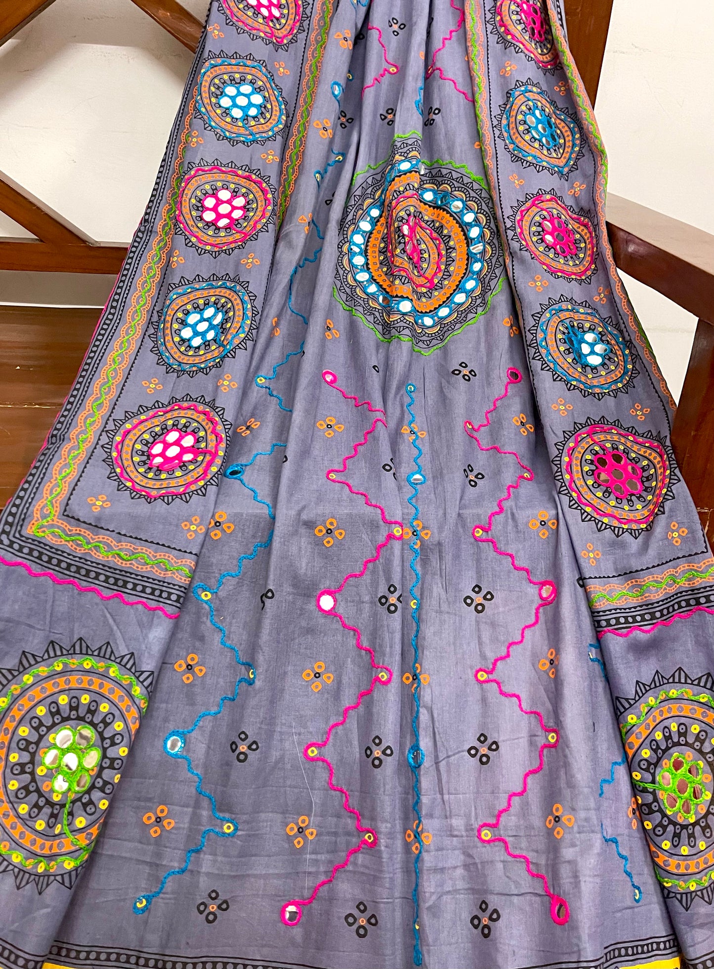 Gray Pure cotton Indian Gujarati Scarf, Block Printed, Embroidered Handmade Dupatta/Shawl, Salwar Suit, Indian Textile fabric DP112