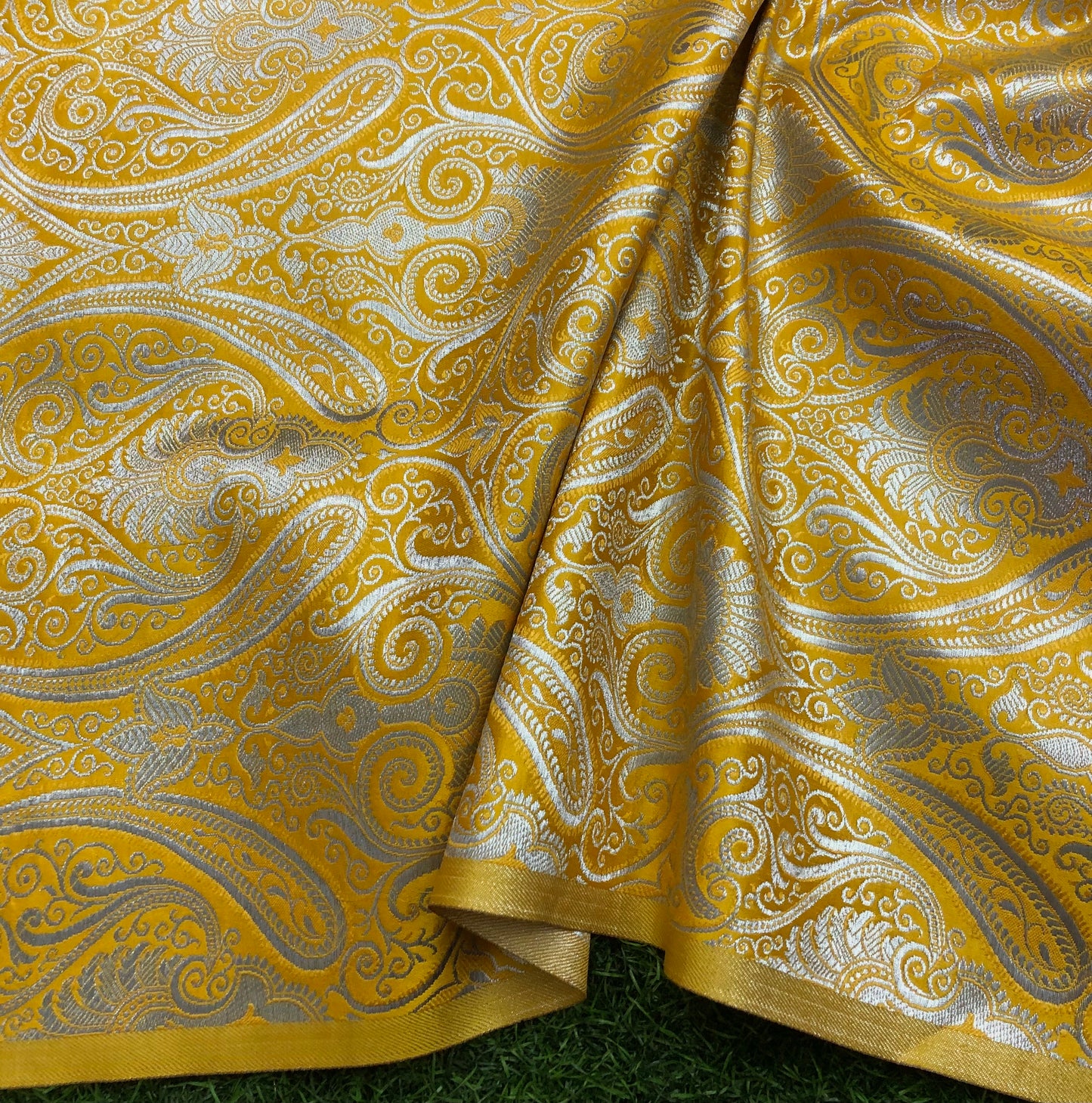 Indian Banarasi Brocade Fabric in Yellow and Silver color, Multiple lengths will come in the continuous piece - NF743