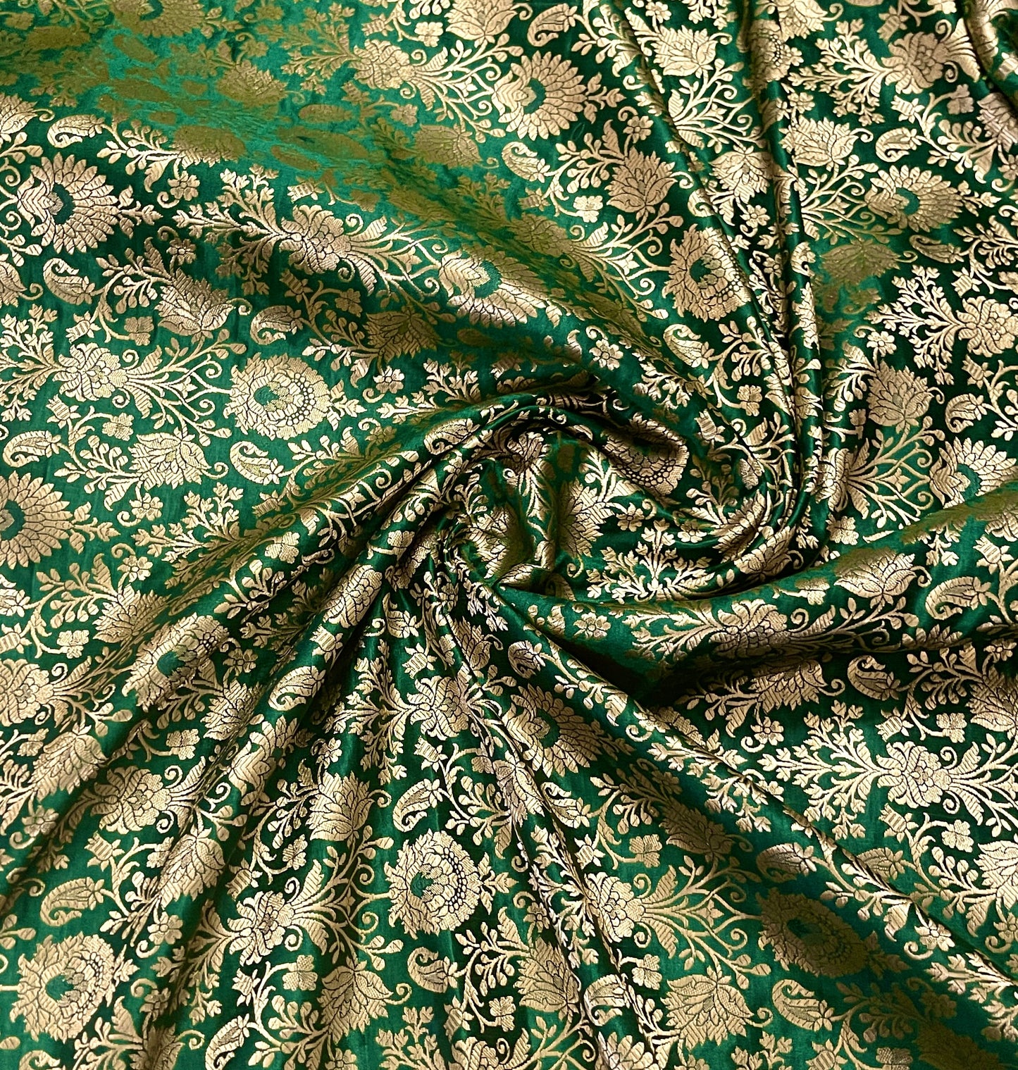 Indian Banarasi Brocade fabric in Green and Gold color, Multiple lengths will come in the continuous piece - NF229