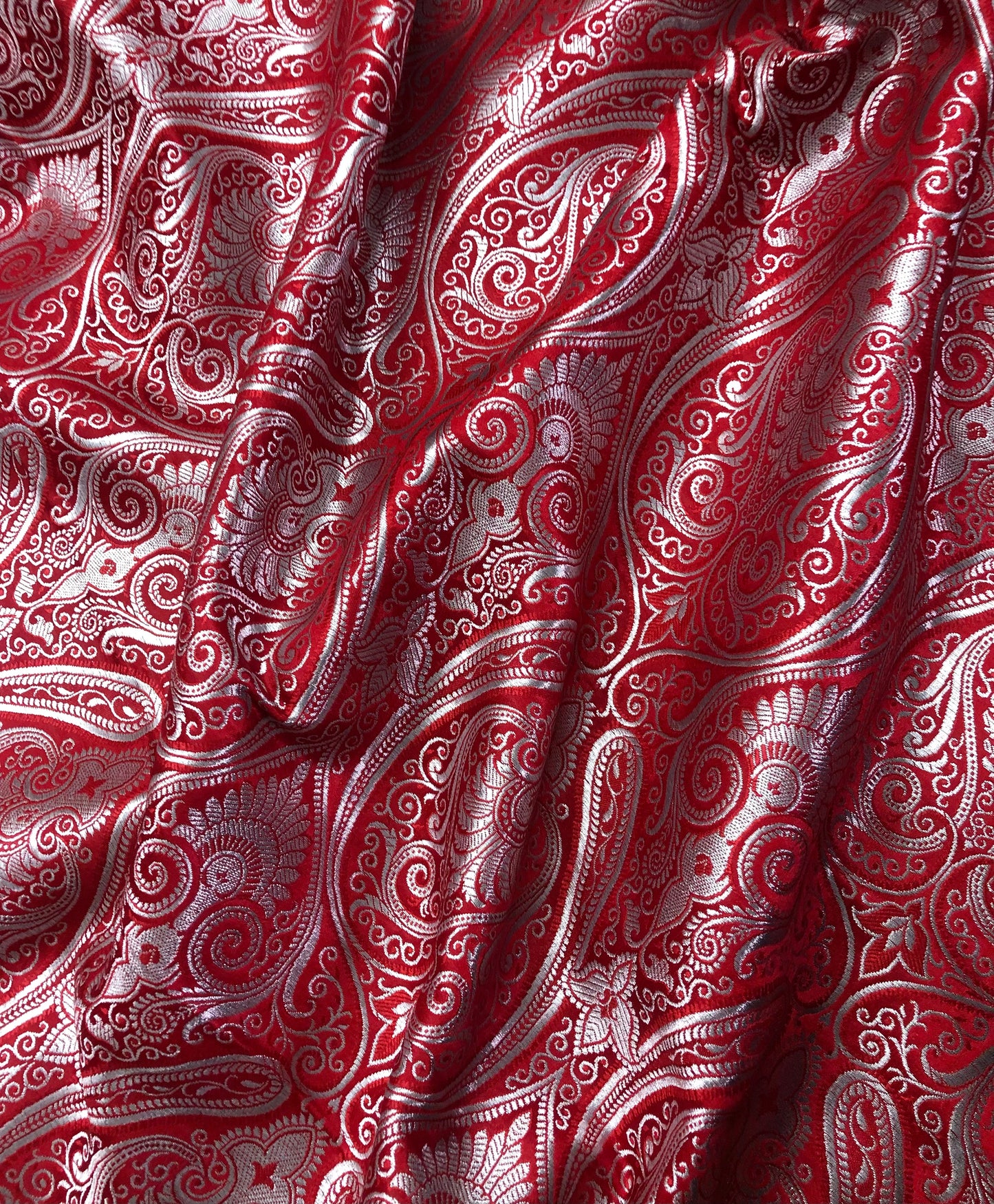 Indian Banarasi Brocade Fabric in Red and Silver color, Multiple lengths will come in the continuous piece - NF399