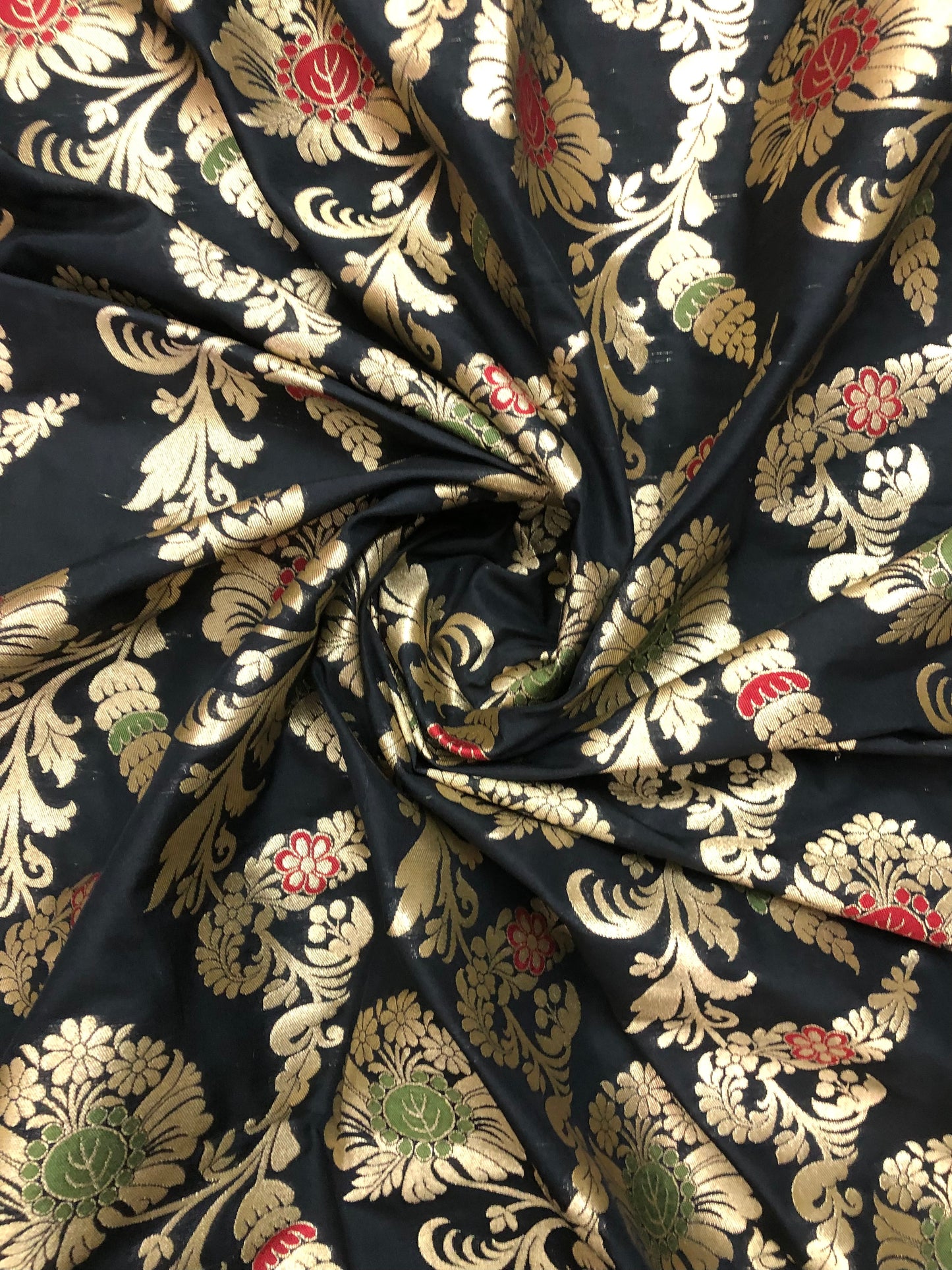 Indian Banarasi Brocade Fabric in Black and Gold color, Multiple lengths will come in the continuous piece - NF401