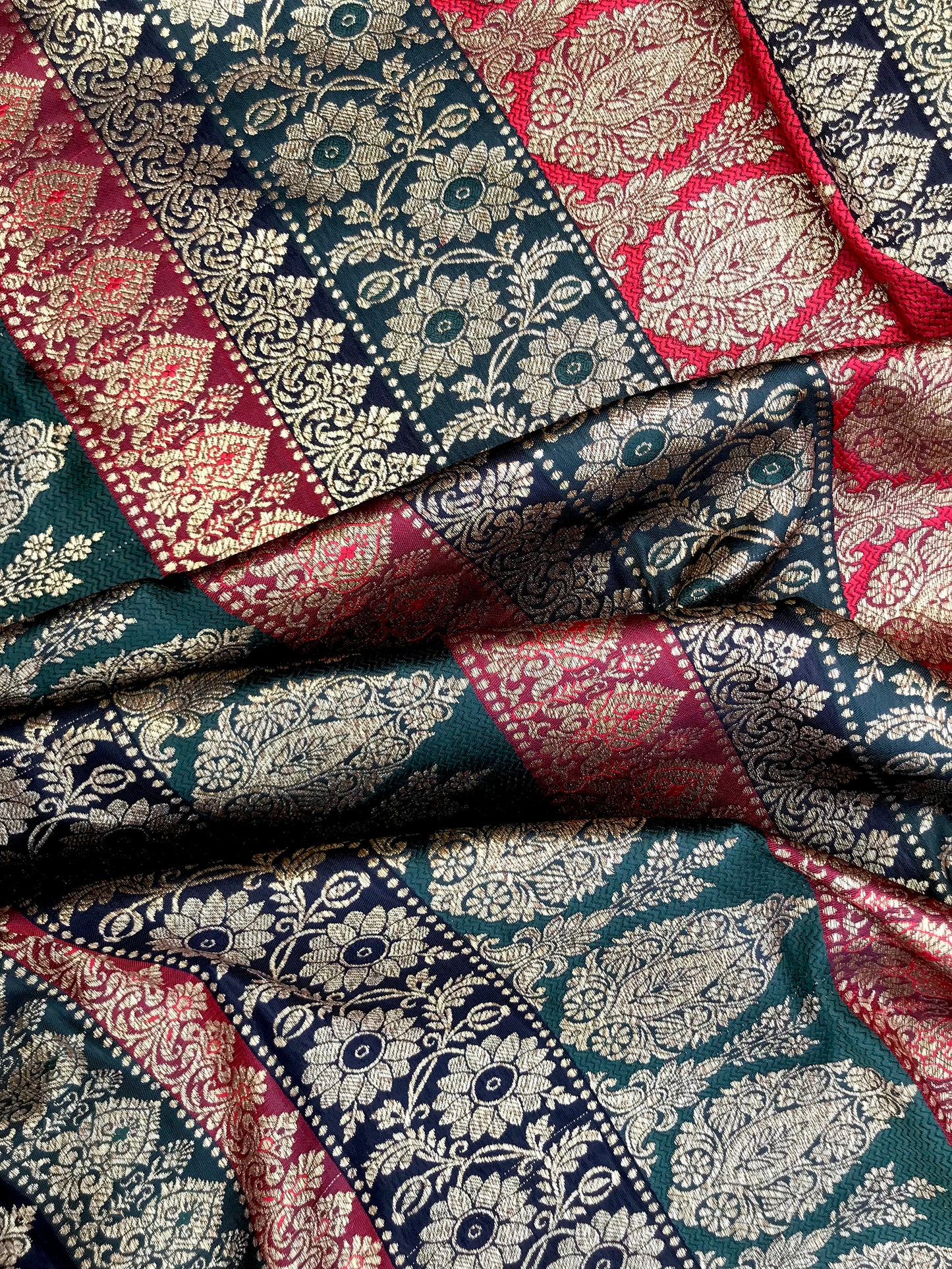 Indian Banarasi Brocade Fabric in Green, Red and Gold color,  Multiple lengths will come in the continuous piece - NF572