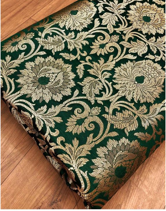 Banarasi Brocade Fabric, Green and Gold Wedding dress fabric, Rayon silk brocade, Renaissance fabric, Lace brocade, Vintage textile - NFAF542