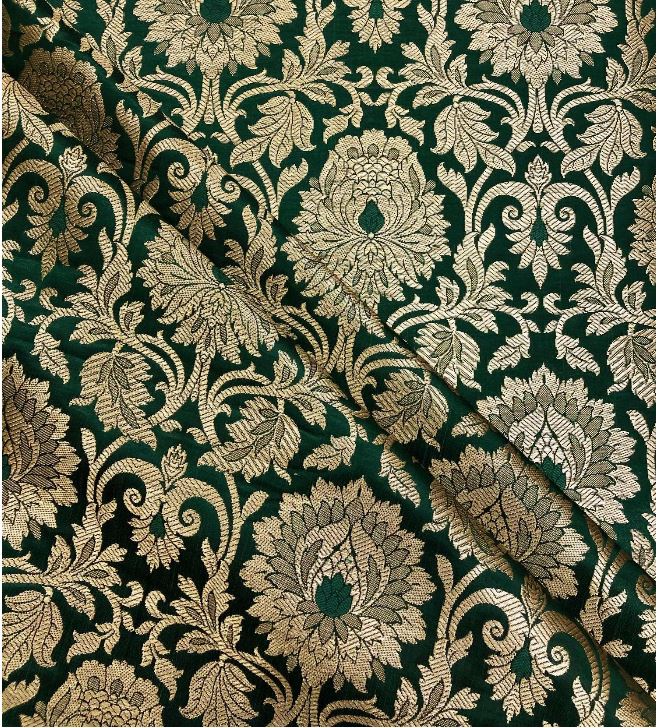 Banarasi Brocade Fabric, Green and Gold Wedding dress fabric, Rayon silk brocade, Renaissance fabric, Lace brocade, Vintage textile - NFAF542