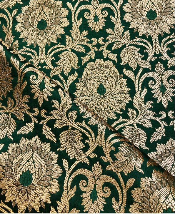 Banarasi Brocade Fabric, Green and Gold Wedding dress fabric, Rayon silk brocade, Renaissance fabric, Lace brocade, Vintage textile - NFAF542