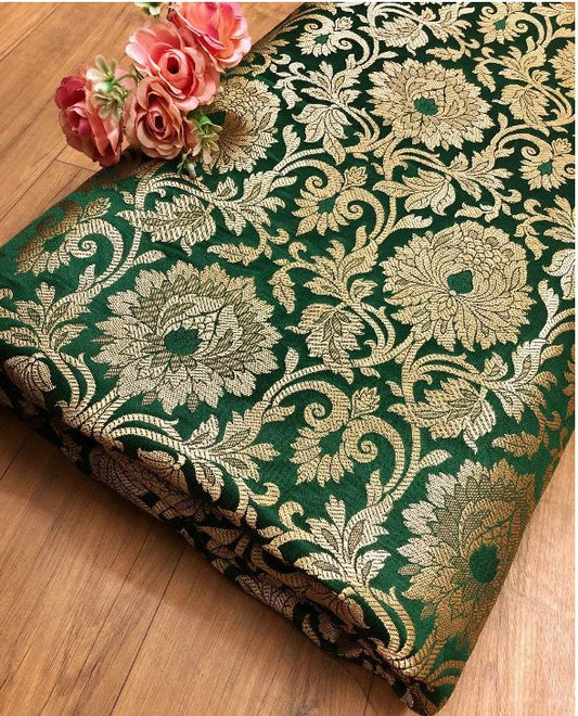 Banarasi Brocade Fabric, Green and Gold Wedding dress fabric, Rayon silk brocade, Renaissance fabric, Lace brocade, Vintage textile - NFAF542