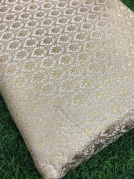 Indian Banarasi Brocade fabric in White and Gold color,  Multiple lengths will come in the continuous piece - NF544