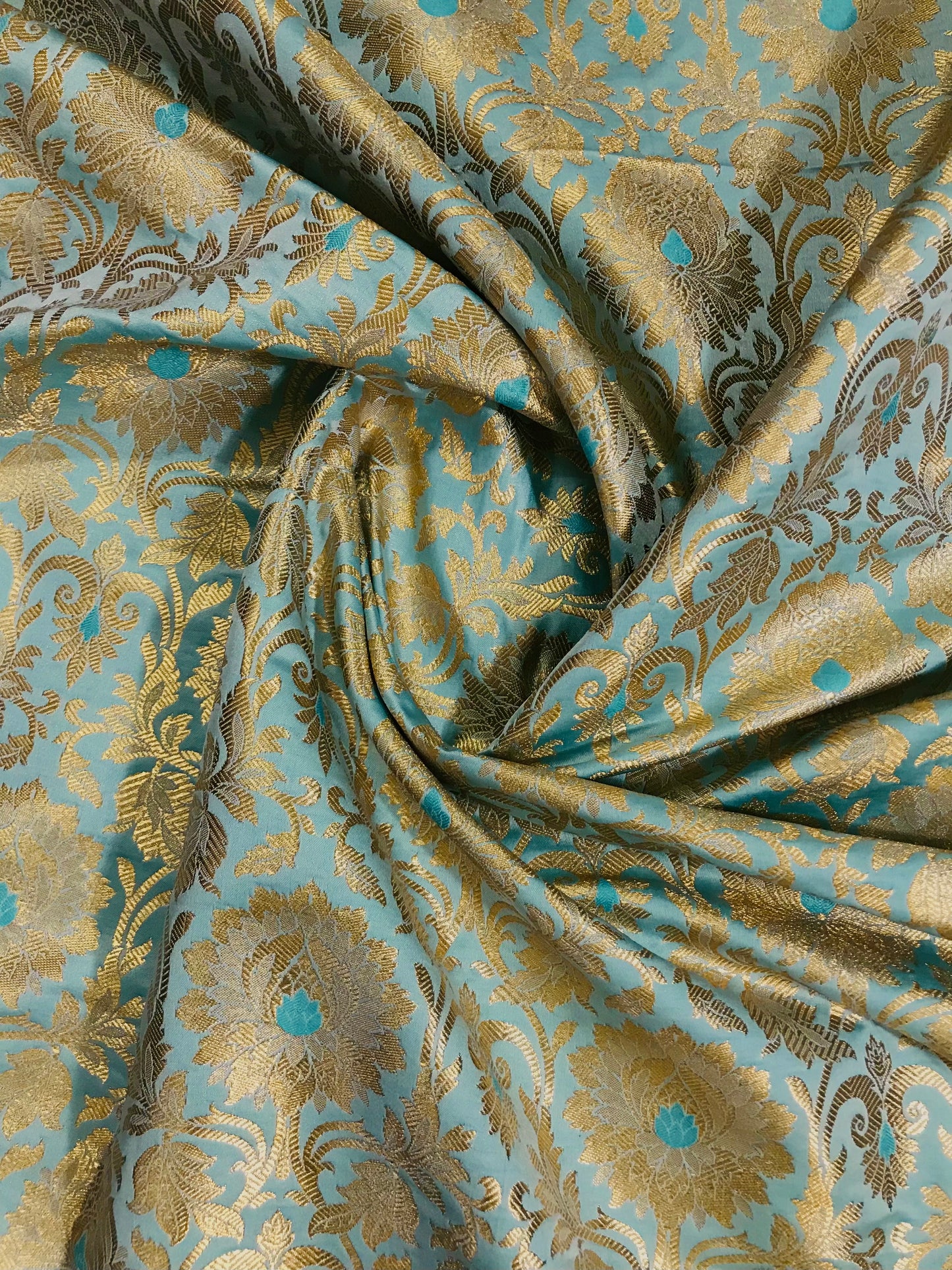 Indian Banarasi Brocade fabric in Grayish Blue and Gold color, Multiple lengths will come in the continuous piece - NF230