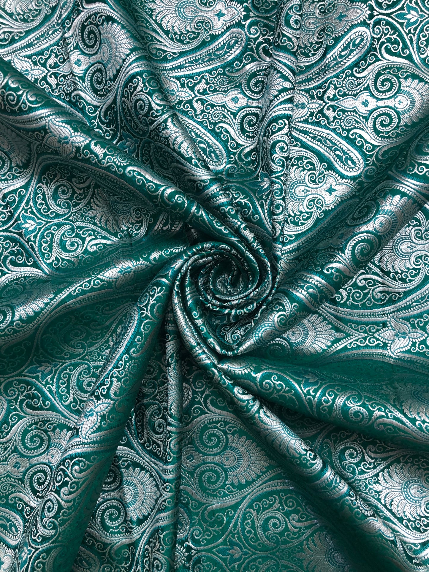 Indian Banarasi Brocade fabric in Green and Silver color, Multiple lengths will come in the continuous Piece - NF458