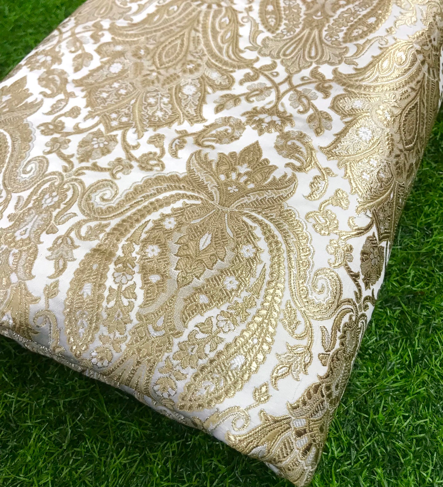 Indian Banarasi Brocade Fabric in White and Gold color,  Multiple lengths will come in the continuous piece - NF591