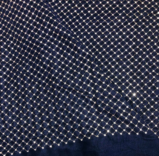 Indian Embroidered Stretch Velvet Fabric in Navy Blue color, Multiple lengths will come in the continuous Piece - VLTF922