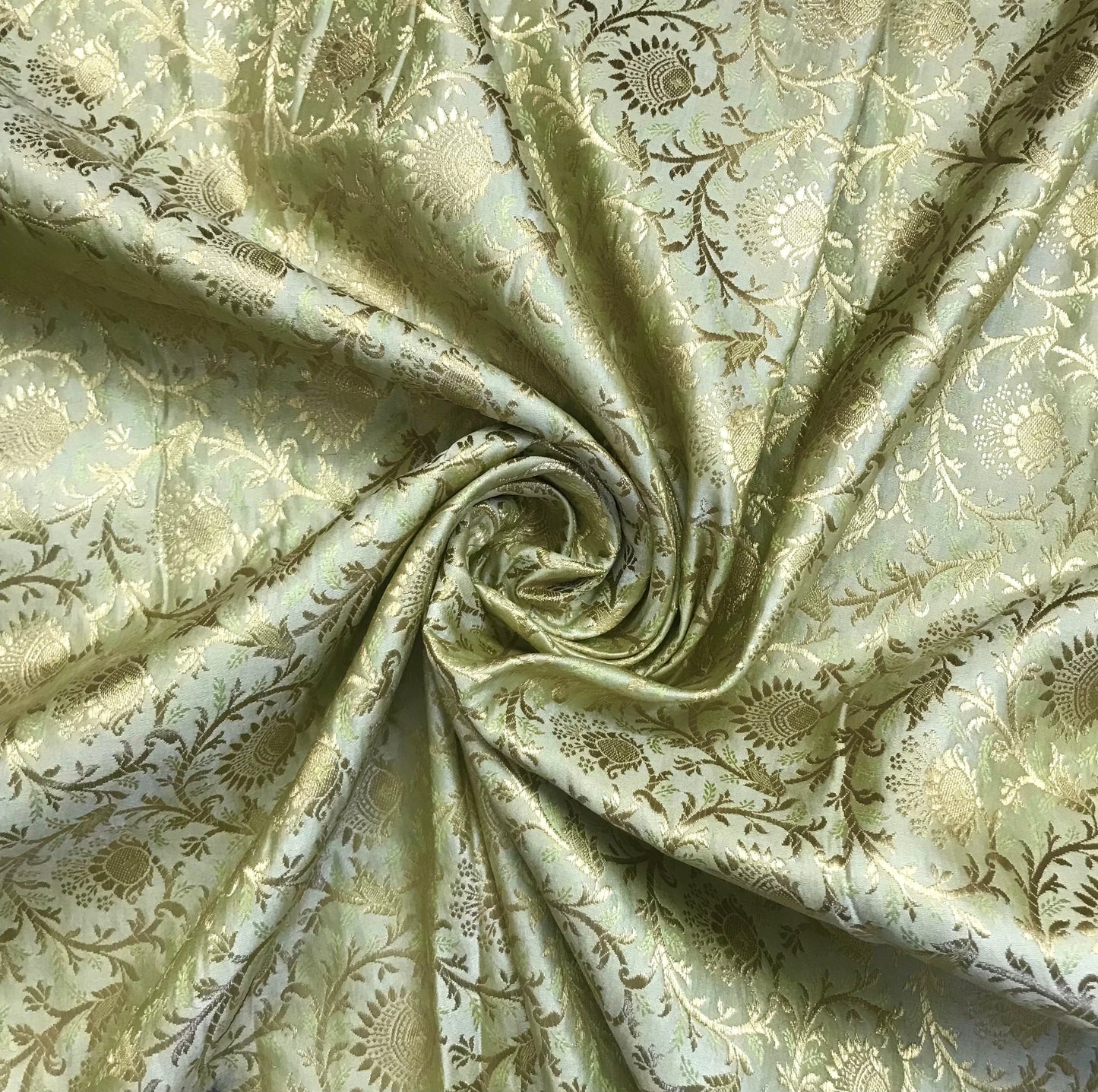 Indian Banarasi Brocade fabric in Sage Green and Gold color, Multiple lengths will come in the continuous Piece - NF1095