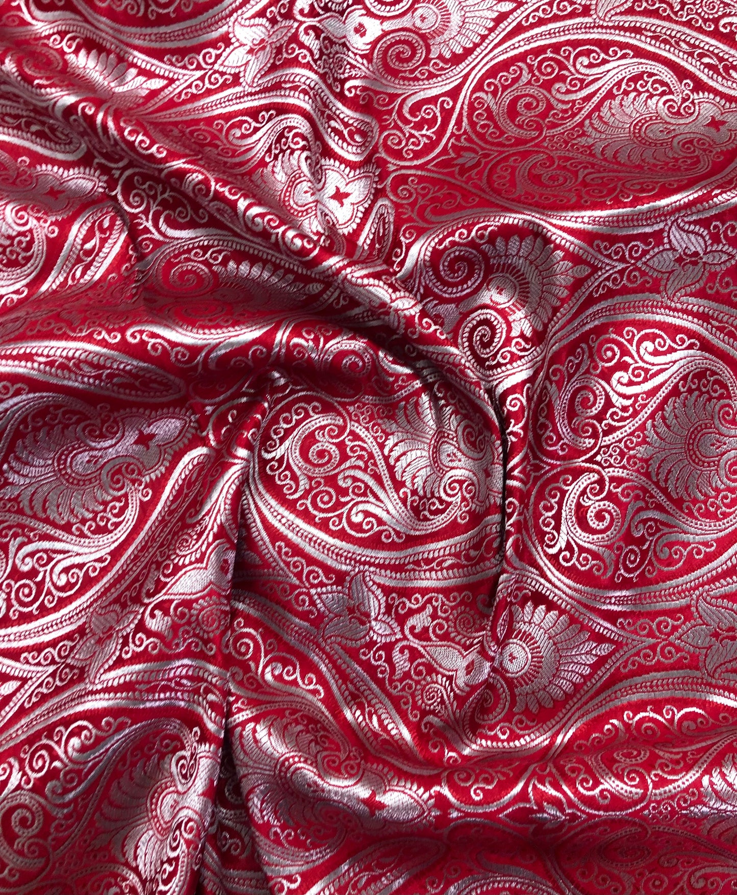 Indian Banarasi Brocade Fabric in Red and Silver color, Multiple lengths will come in the continuous piece - NF399