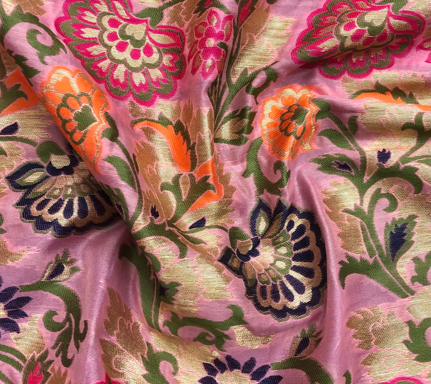 Indian Banarasi Brocade Fabric in Pink and Green color, Multiple lengths will come in the continuous piece - NF552